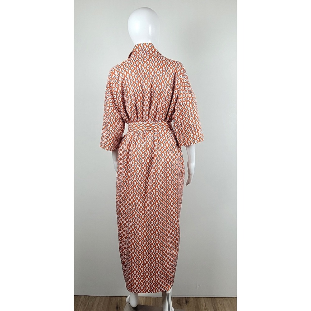 Geometric Print Maxi Shirt Dress Women OS Orange Blue Excellent Belted - XL - Picture 5 of 11